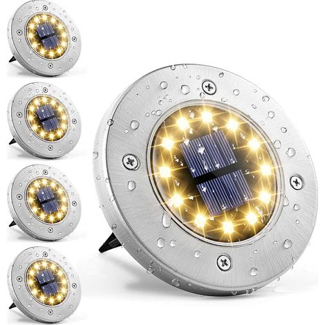 Set di 4 luci solari da esterno, 12 LED, luci da terra in acciaio inossidabile bianco, luci da giardino impermeabili per uso esterno, giardino, patio, prato, cortile, vialetto (1/5)