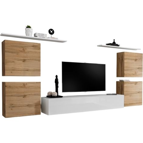 Set di mobili da soggiorno SWITCH IV design, colore bianco e rovere Wotan.