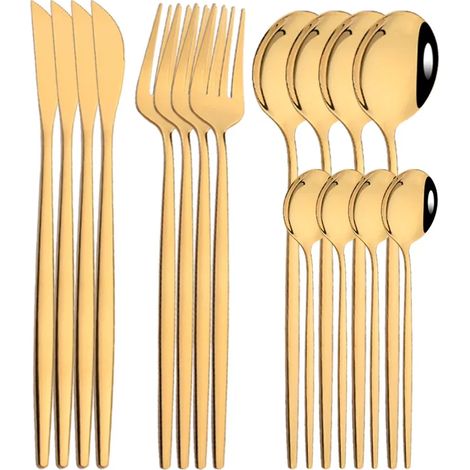 (Ensemble de couverts en acier inoxydable doré, 16 pièces, comprenant un couteau, une fourchette et une cuillère à café, pour un usage domestique) (1/5)