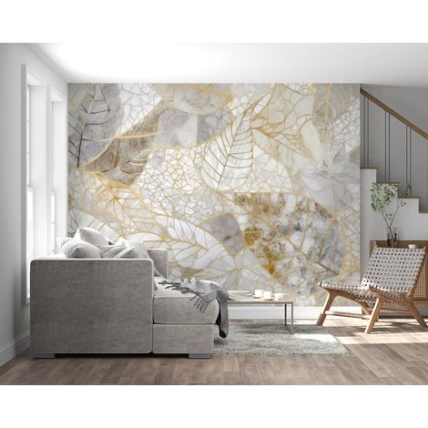 Papier Peint Feuillage – Collage de Feuilles Dorées sur Marbre - 150 x 250 cm (1/2)