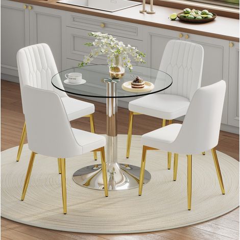 Set tavolo da pranzo rotondo 85x85x76 cm, vetro trasparente, sedie in PU bianco con metallo argento e oro (1/5)