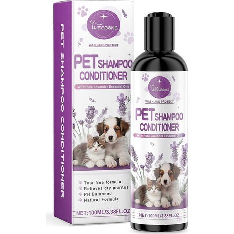 Shampoing à la lavande pour animaux (lot de 2) : nettoie en douceur le pelage des chats et des chiens, le laissant doux, soyeux et parfumé. (1/5)