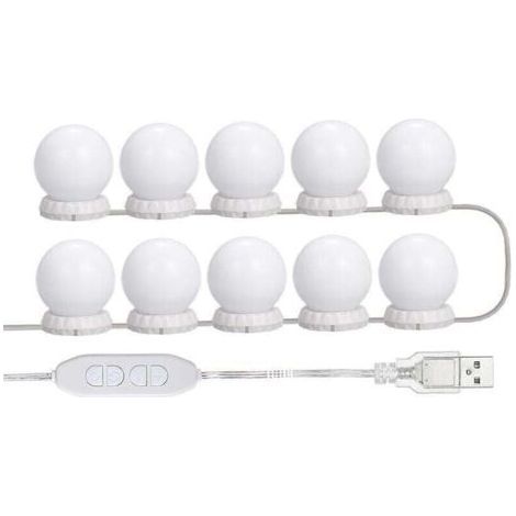 Kit D'Eclairage Miroir Led Pour Coiffeuse, Avec 10 Ampoules Reglables, 10 Luminosite Et 3 Modes D'Eclairage, Type Usb, Blanc - Blanc, (1/5)