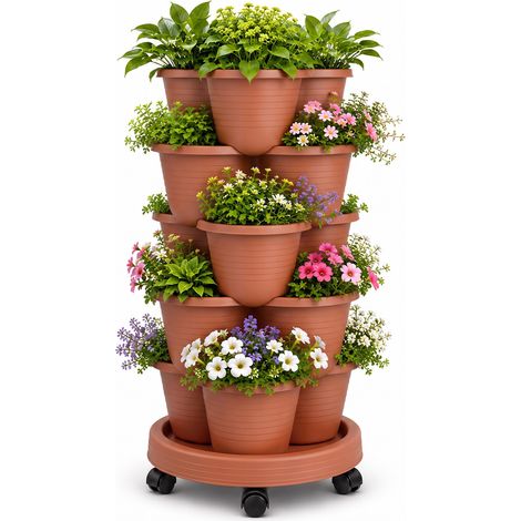 Jardinière sur Pied 5 Niveaux Empilable avec roulettes Bloquables,Rouge-Brun (1/5)