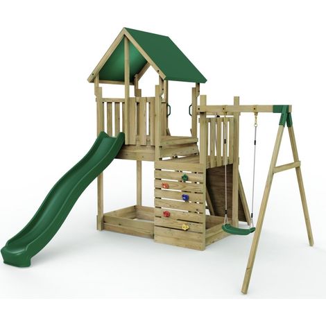 Rebo Modular Wooden Climbing Frame Adventure Playset - M3 plus Ramp & Single Swing