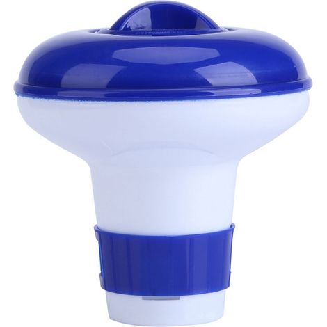 Distributeur flottant de chlore et brome pour piscine et spa, bleu et blanc, chimique, piscine extérieure. (1/5)