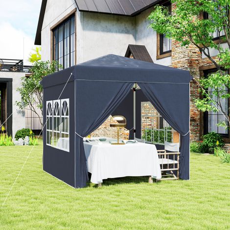 Pabellón plegable de 2,5 x 2,5 m con paneles laterales y bolsa de transporte, carpa de jardín regulable en altura con protección UPF50+, color azul oscuro.