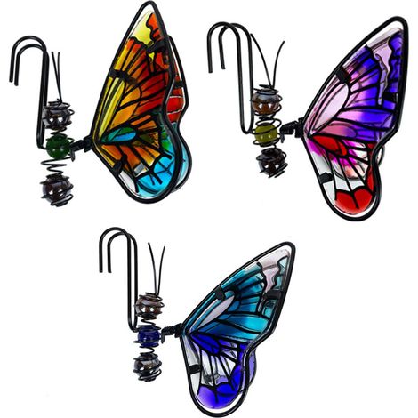 Adornos colgantes de metal y cristal: 3 mariposas y libélulas para macetas. Medidas: 19 x 15 x 4,7 cm. Decoración de jardín. (1/5)