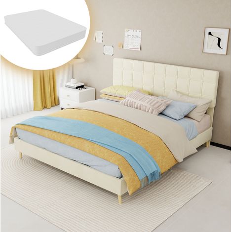 DESVIAE Lit double en tissu beige avec tête de lit capitonnée à carreaux 160 x 200 cm structure en métal style moderne et nordique pieds effet bois (1/5)