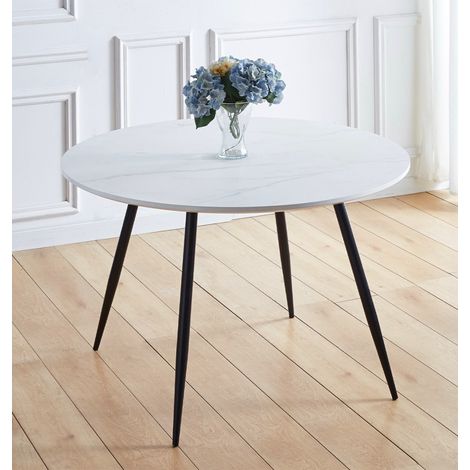 Hallowood Furniture Cullompton Large Marble Effect Top White Dining Table with Black Metal Legs, 4-6 Seater Round Table for Dining Rooms, Kitchens, or Cafés (1/5)