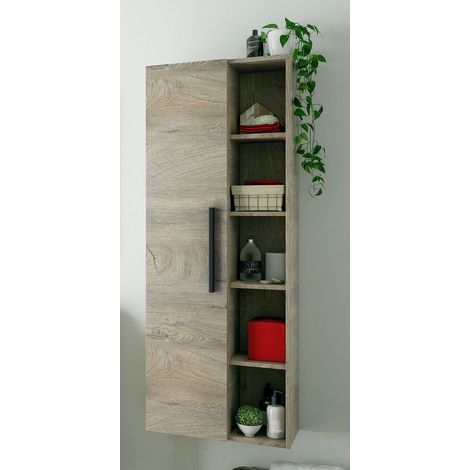 Colonna Sospesa Multiuso Con 1 Anta E 5 Vani A Giorno Mobile Armadietto Bagno Pensile Salvaspazio In Melaminico Chiusura Assistita E Ripiani Interni Design Moderno 150 x 25,5 x 50 Cm Rovere Alaska