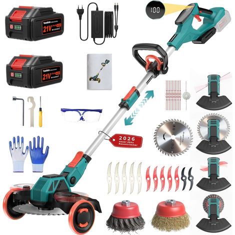 Coupe-Herbe sans Fil 21V, Compatible avec Batteries 18V, Débroussailleuse avec Brosse de désherbage, 2 Batteries 4.0Ah incluses, Moteur sans balais 900W pour pelouse, Jardin, Cour (Rouge) (1/5)
