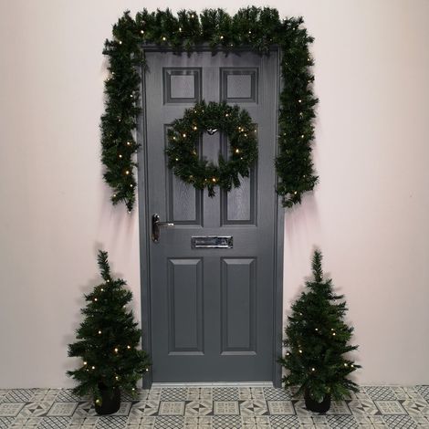 Christmas Light Up LED Door Set - Garland, Wreath and 2 Trees in Pots