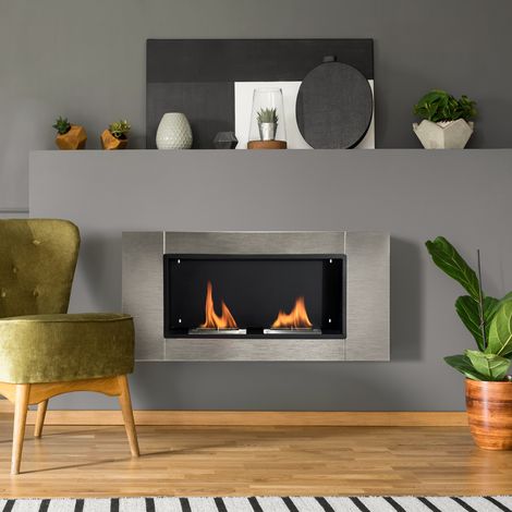 Cheminée murale encastrable bioéthanol, brûleur double 2x0,9 L, autonomie 3 h, dimensions 110x14,5x54 cm, surface 25-30 m², acier inoxydable, foyer moderne sans conduit. (1/5)