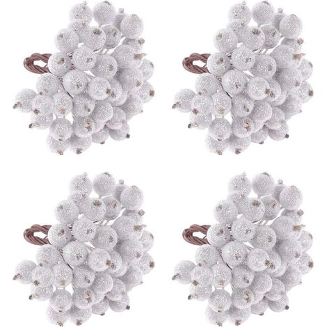 160 fleurs artificielles de Noël en forme de fruits et de houx argentés givrés, pour décorer le sapin et la table. (1/4)