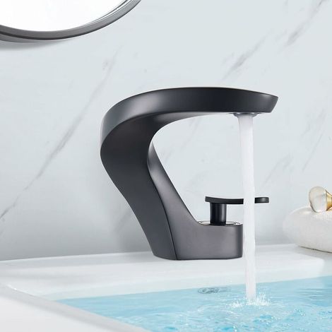 royaluxe -Robinet lavabo salle de bain, courbe mitig monocommande lavabo salle de bain, robinet lavabo noir eau chaude et froide, laiton massif (1/5)