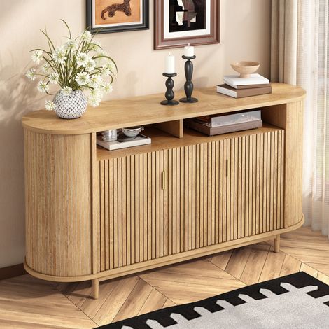 Credenza 140x40x78 cm - Madia con 3 ante a linee verticali - Mobile contenitore basso da soggiorno e cucina in MDF con piedini di pino - Naturale (1/5)