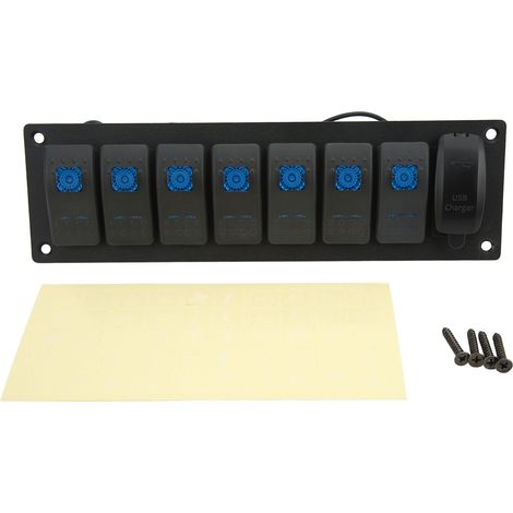 Panneau d'interrupteur à bascule à 7 gangs, étanche IP66, bascule marine avec double chargeur USB, rétro-éclairage bleu (1/5)
