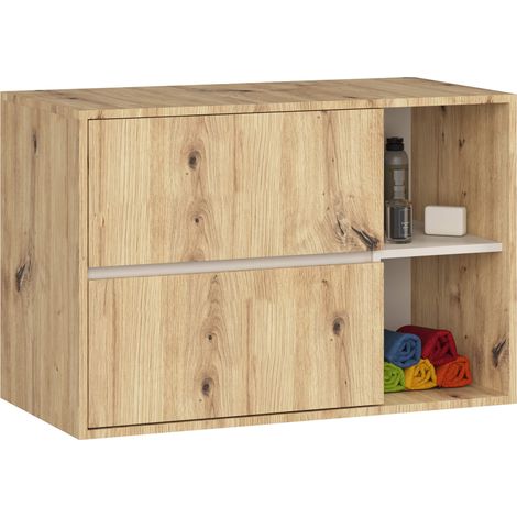 Meuble salle de bains VAMI suspendu sans vasque Chêne Artisan, Cachmire 90 cm 2 tiroirs 2 étagères 90x45,5x60 cm (1/5)