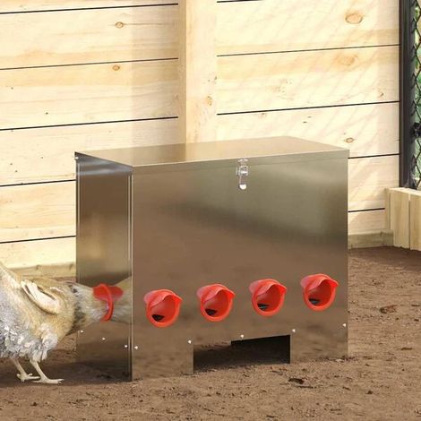 Mangeoire argentée pour poulets, dimensions : 60,5 x 29 x 51 cm, en acier galvanisé.