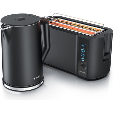 Arendo 2-teiliges Frühstücks-Set, Edelstahl Wasserkocher ELEGANT 1,5l, 4-Scheiben Langschlitztoaster, Schwarz (1/5)