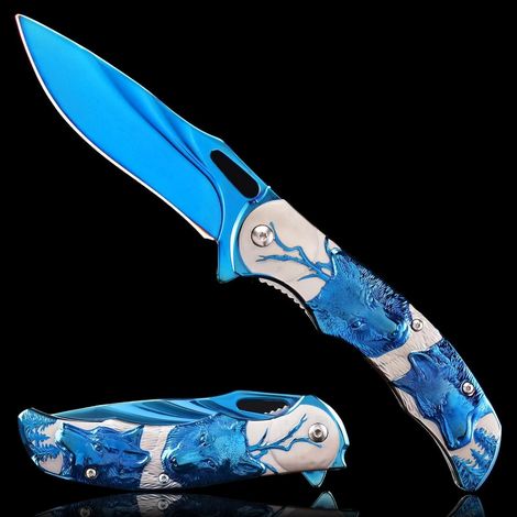 Klappmesser mit 3D Wolf Prägung, blau, Edelstahlgriff, 440 Klinge
