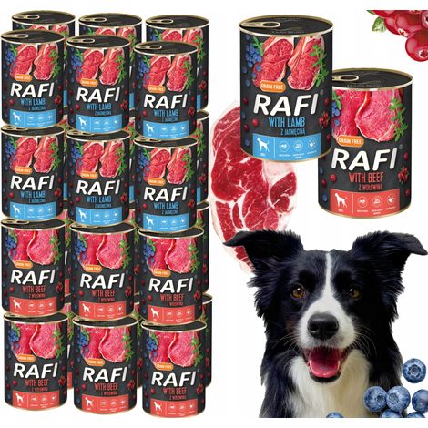 Paquete de 24 latas de 400 g de comida húmeda para perros RAFI MIX con diferentes sabores (cordero y ternera).