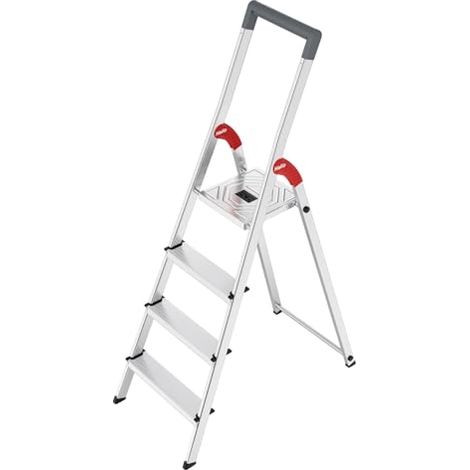 Hailo L51 StandardLine - Escalera de tijera de seguridad con barra de seguridad y protección articulada - pies antideslizantes EasyClix Basic - Soporta hasta 150 kg - Incluye gancho para cubo