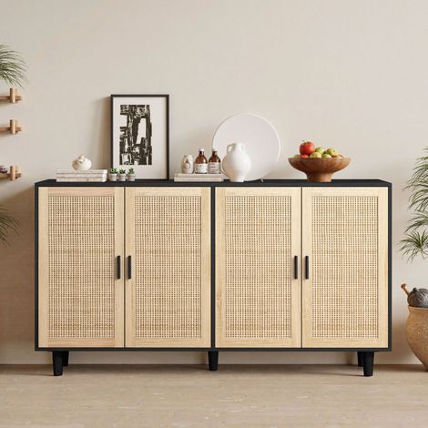 AMXCNOY 158CM Elegant and Functional 4-Door Rattan Decorative Storage Cabinet,for Bedroom,Living Room,Office,Black158CM Elegante et fonctionnelle armoire de rangement 4 portes en rotin pour chambre, s