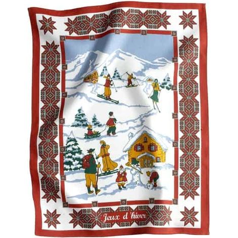 Torchon de cuisine « Jeux d'Hiver » – Esprit Montagne – Rouge ou Marron – 100 % Coton - 50x70cm - Rouge