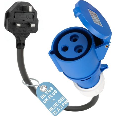 Adaptateur CEE (Fiche UK Type G 13 A Mâle vers Prise Femelle CEE P17 Bleue 32 A, 3 Pôles) Câble Adaptateur 3G2,5 mm², 0,5 m / 230 V/Max. 13 A pour Chargeur VE, Garage et Atelier (1/5)