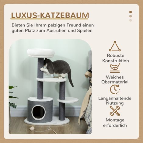 Arbre à chat avec 1 cabane, 1 couchage, 2 étagères, poteaux en sisal, couleur blanc et gris