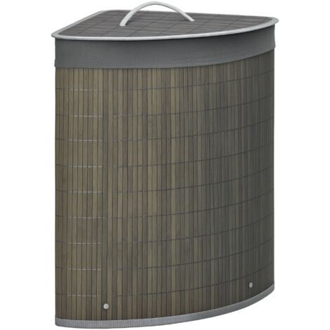 Panier à linge 55 L avec couvercle, poignée et sac à linge amovible pour salle de bain, en bambou gris.