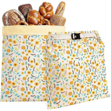 Sacs à pain extra larges en cire d'abeille (conçus pour le pain - lot de 2, motif tournesol) - Sacs de conservation du pain réutilisables 100 % coton (1/5)