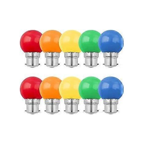 10er-Pack 1W B22 LED-Farblampe, farbige Bajonettlampe, entspricht 10W Glühlampe, G45 Mini-Globe-Glühbirne, Rot, Grün, Blau, Orange, Gelb (1/5)