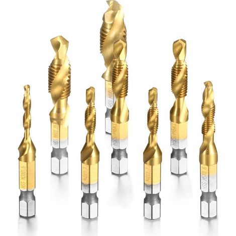 8 Pièces Combinaison Drill Foret Mèche HSS à tige Hexagonale M3M10 Filetage Vis Robinet Titane placage Couleur de cuivre (1/5)