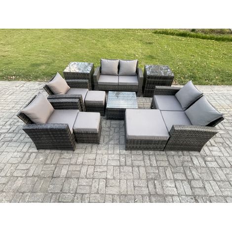 Fimous Outdoor Garden Furniture Sets 10 Pieces Wicker Rattan Furniture Manual Wicker Patio Sofa Patio Conversation Set with 3 Footstools 2 Side Tables Dark Grey Mixed (1/5)