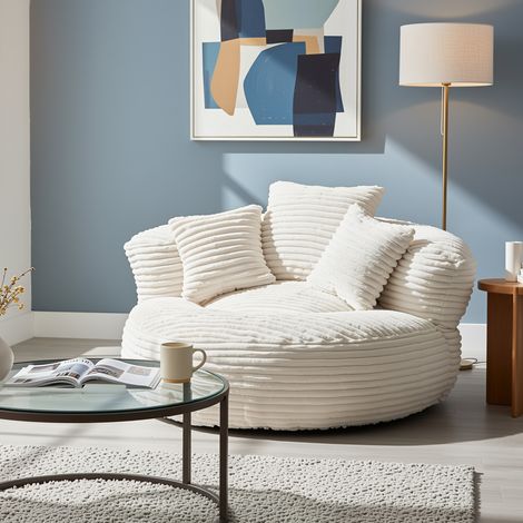 URBAN MEUBLE Canapé-lounge compressé — Pouf/canapé décontracté, durable et confortable, incluant trois coussins, en tissu chenille beige (1/5)