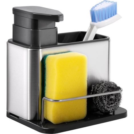 Distributeur de Liquide Vaisselle avec Porte-Éponge et Porte-Brosse, Rangement évier Cuisine en Acier Inoxydable, Porte Éponge Evier Multifonctionnel Brosse Organisateur d'Évier (1/5)