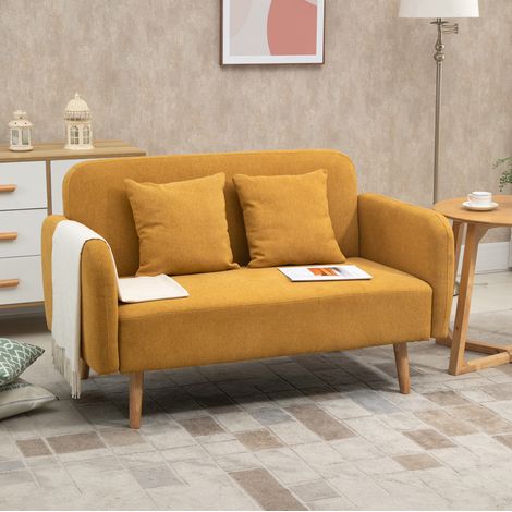Sofá de 2 plazas en poliéster efecto terciopelo con 2 cojines, patas regulables, natural y amarillo (1/5)