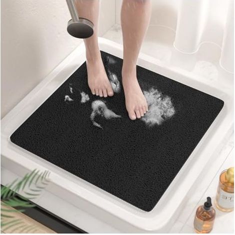 Tapis de Douche Antiderapant, 60x60cm Tapis de Baignoire Antidérapant sans Ventouse, Doux PVC Luffa Tapis de Bain pour Salle de Bain, Séchage Rapide, Drainage Efficace,Noir (1/4)