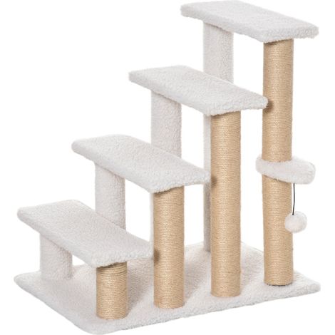 Haustiertreppe mit Kratzbaum 4-stufige Katzentreppe & Hundetreppe aus Spanplatte, Plüsch & Jute, Weiß, 60x40x64cm für Katzen & Hunde