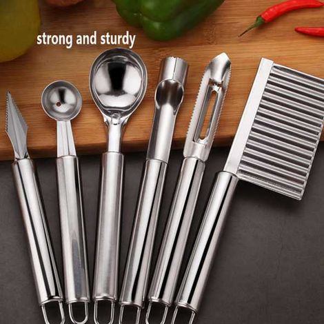 1 ensemble d'ustensiles de cuisine en acier inoxydable argenté, comprenant un couteau à fruits, un extracteur de pépins, un couteau à découper et une cuillère à pastèque. (1/5)