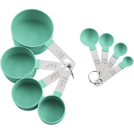 Set di 8 misurini. Include 4 misurini e 4 cucchiai dosatori con manici in acciaio inossidabile. Set di misurini e cucchiai dosatori in plastica per liquidi. (1/5)