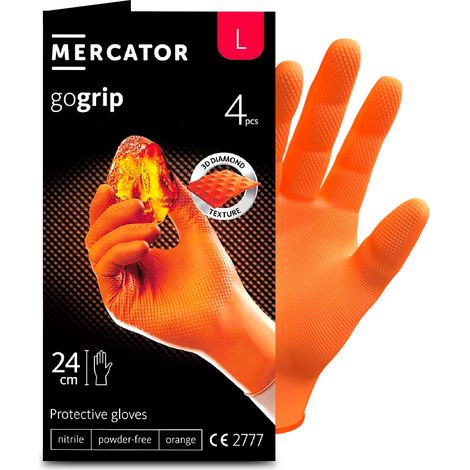 Gants nitrile ORANGE taille L à structure en diamant Pochette 4 gants MERCATOR