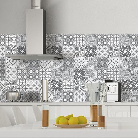 Adhésifs Carrelages Autocollant Nuances de Gris Monte-Carlo Carreaux de Ciment Carrelage Sticker Mural Salle de Bain et Cuisine 9 Pièces de 10 x 10 cm (1/4)