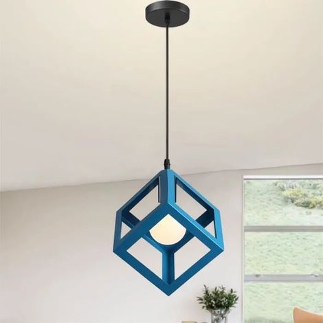 U-Do Lustre Suspension Carré en Fer Bleu E27 Ajustable Lustre Plafonnier Exquise Lampe Intérieur design Vintage pour Cuisine Bureau (1/4)