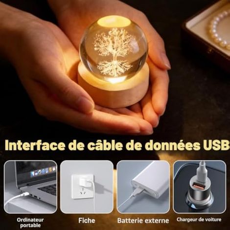 2 boules de cristal 3D veilleuse : 60 mm arbre de vie, lampe à bille en verre USB 3D gravure arbre de vie, veilleuse avec base en bois LED pour Nol, Thanksgiving Day (1/3)