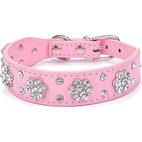 Collier de chien de chat de strass de fleur, collier réglable de cuir d'unité centrale pour la taille de S (1/5)