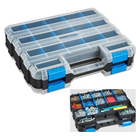Boîte de rangement pour petites pièces, boîte à outils, organisateur double face, 34 compartiments, bleu clair (1/5)